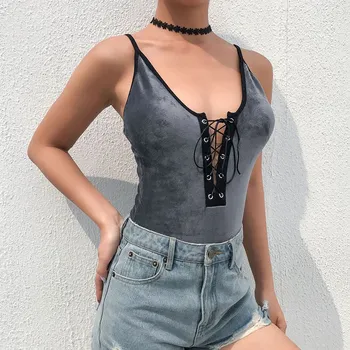 

Women Sexy Straps Backless Lace Summer Sheath Bodysuit 2019 New V Neck Short Jumpsuit Casual Lace Up Bodycon Overall