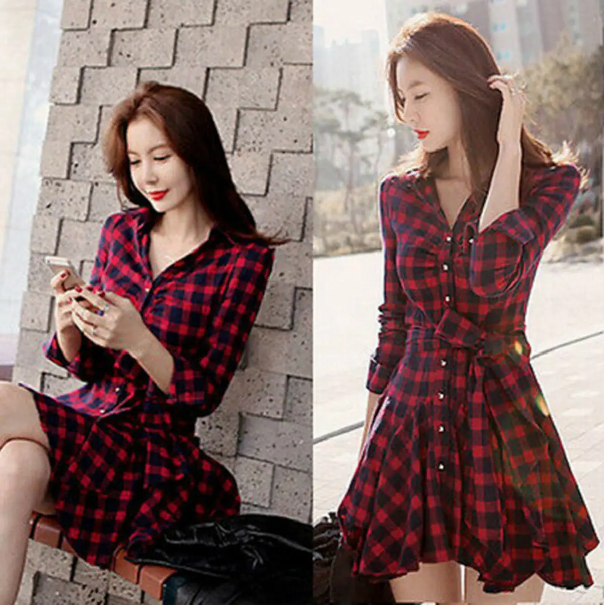 

Women Long Sleeve Button Down Casual Loose Mini Dress Plaid Check Flannel Dress
