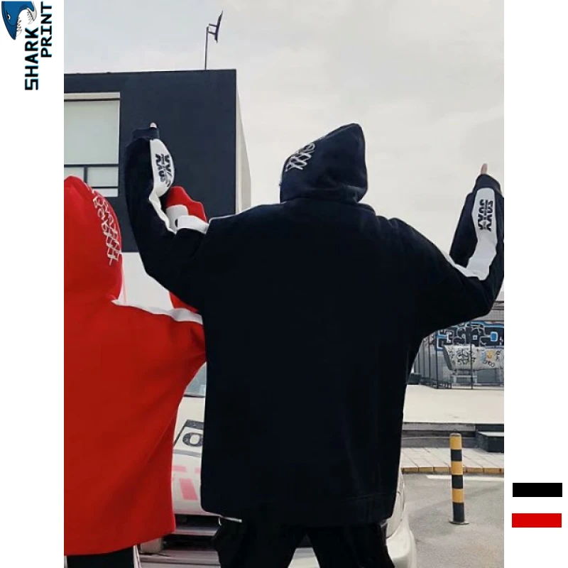 SharkPrint Hip Hop Skateboard Hoodie Street Dance Double Cap Fleece Autumn Winter Oversize Men Women Sports Jacket Casual Coat