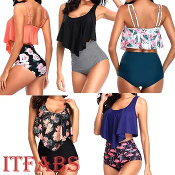 

Bikinis Women Swimwear High Waist Swimsuit Spaghetti Strap Sexy Floral Two-Piece Suits Retro Bathing Suit Plus Size Swimwear XXL