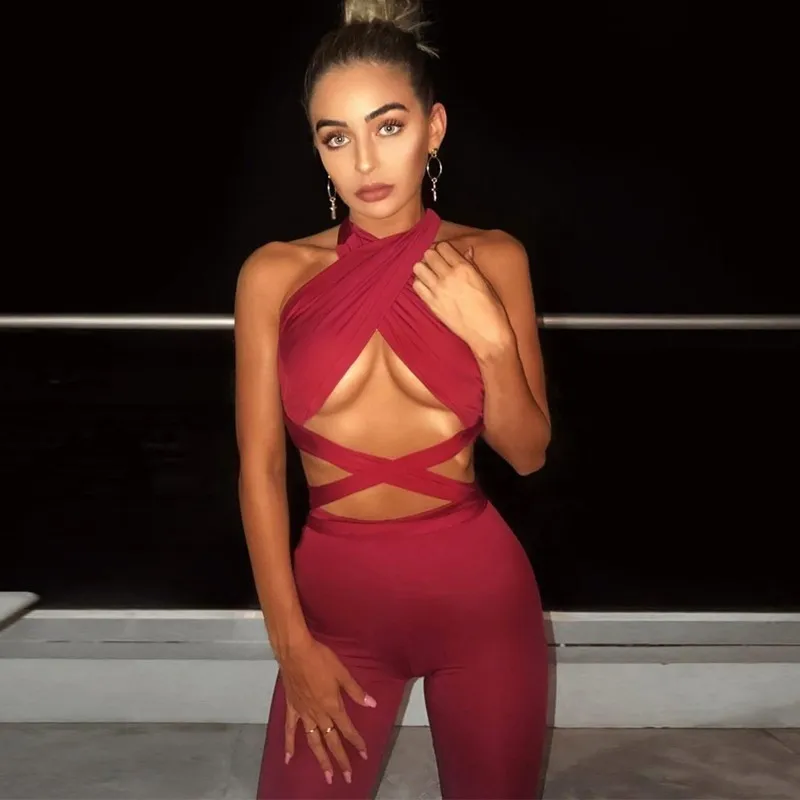 

Yissang Women Halter Bodycon Two Piece Set Jumpsuit 2019 Summer Hollow Out Backless Sexy Jumpsuit Bandage Jumpsuit Female Sets