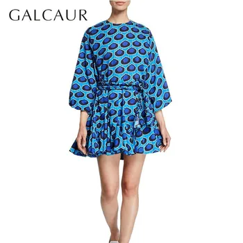 

GALCAUR Print Dresses Female O Neck Long Sleeve High Waist Lace Up Mini Pleated Dress For Women Spring Fashion 2020 New