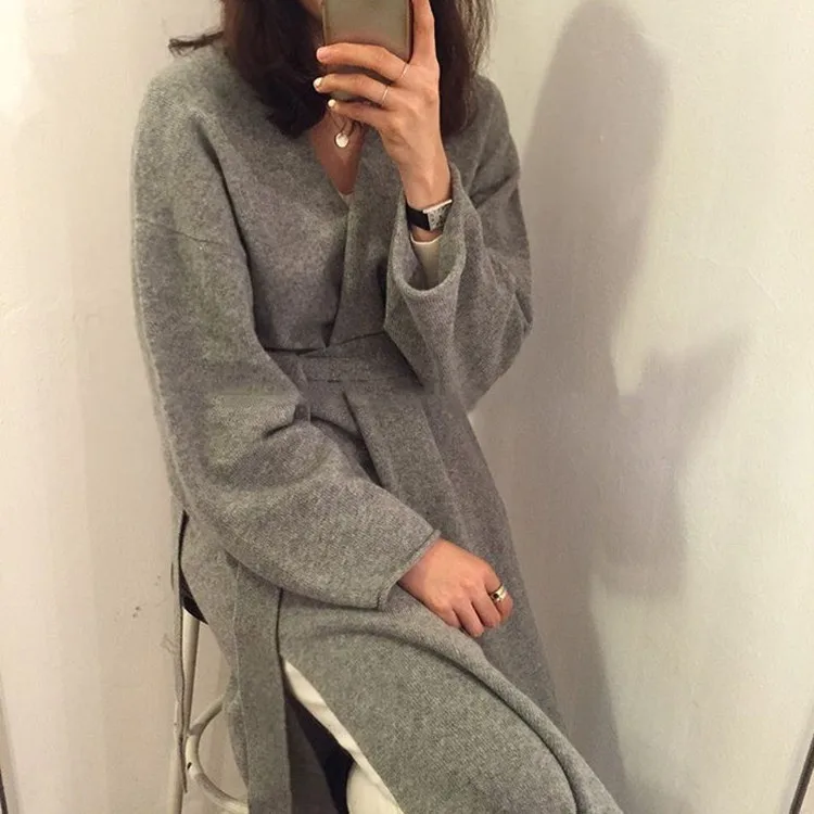 

fashion sweater casual retro simple versatile waist loose long sleeve temperament slit in the long cardigan knitted coat female