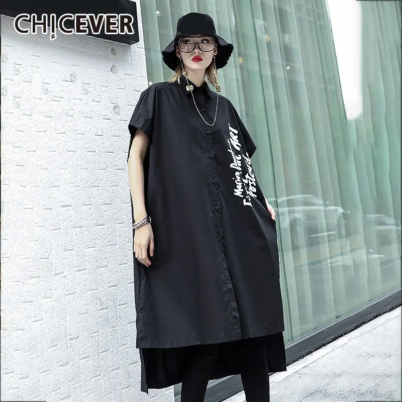 

CHICEVER Spring Letter Print Women Shirt Square Collar Short Sleeve Button Loose Big Size Long Female Top Clothing 2019 Fashion