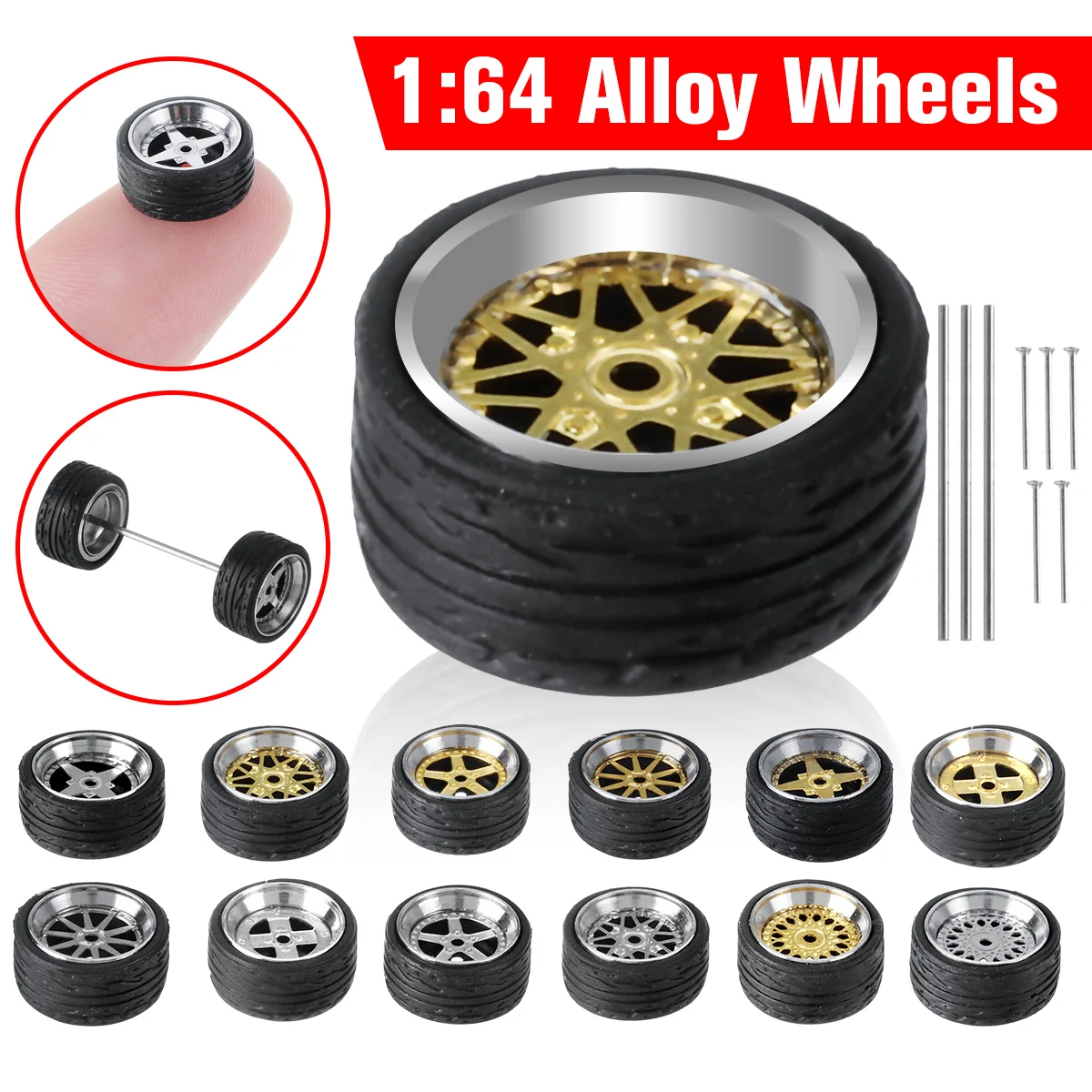 

4PCS Alloy Wheels Tire Set Axles Vehicle Wheels Tire Modified Alloy Car Refit Wheels For 1/64 Vehicle Car Model