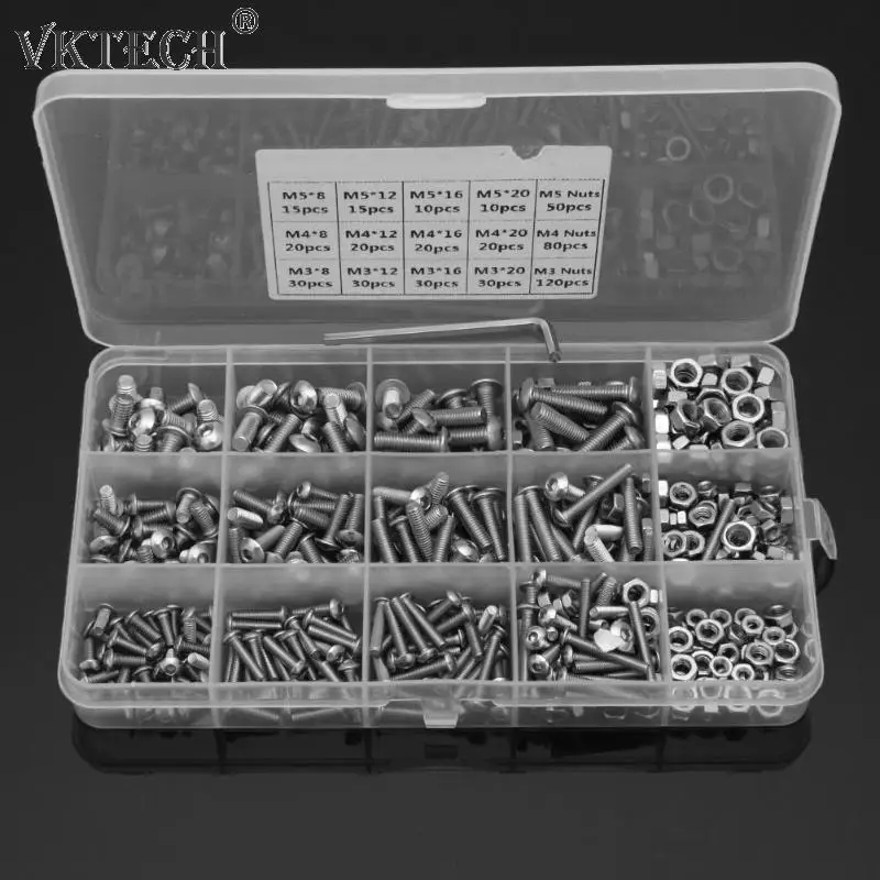 

500pcs M3 M4 M5 304 Stainless Steel Hex Socket Button Head Bolts Screws Nuts Kit Hexagonal Countersunk Screws Flat Head Screw