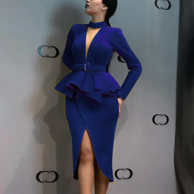 

Women V Neck Office Bodycon Long Sleeve Falbala Dress Party OL Lady Formal Wear