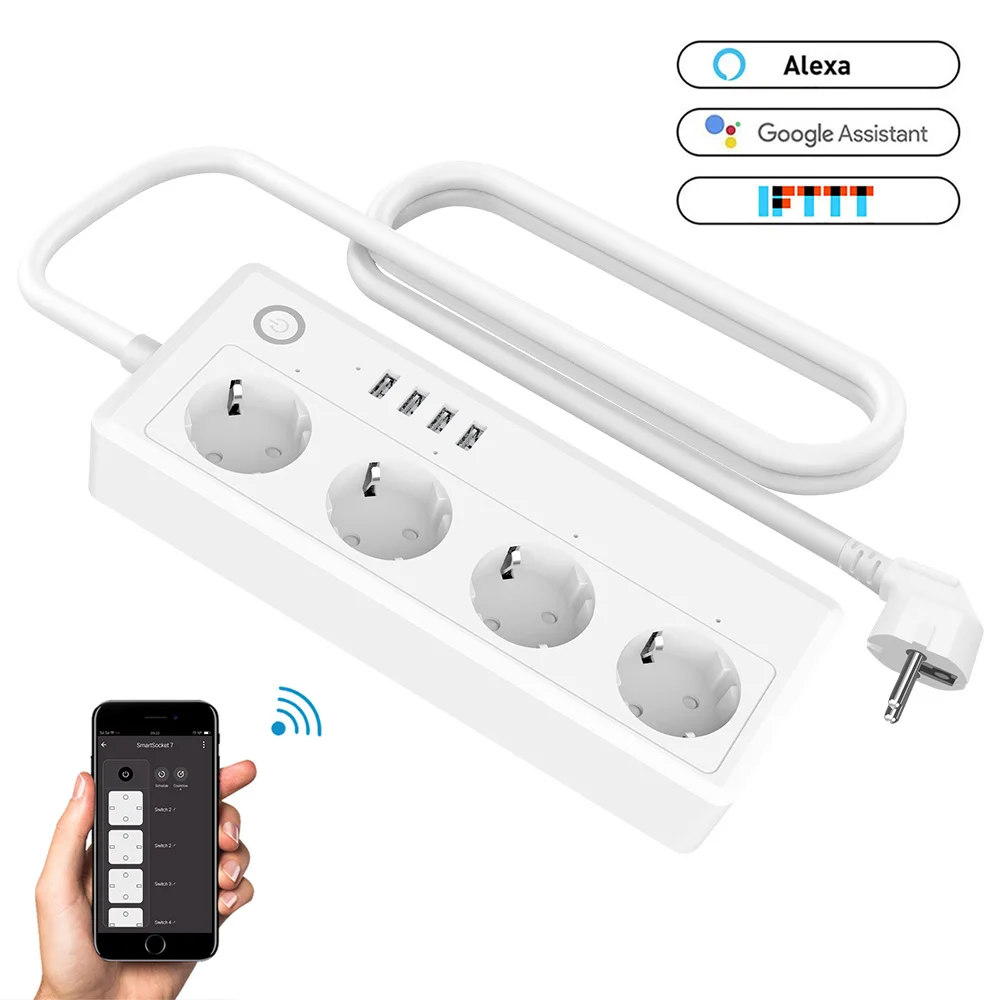 

1.5m 16A Wifi Socket Wifi USB Power Strip Smart US Plug Overload Switch Surge Protector 4 Outlet 4Port USB Charger
