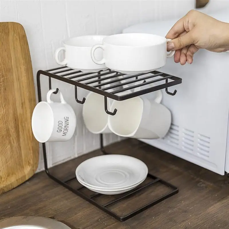 

1pc Kitchen Storage Rack Cup Plate Organizer Houseware Kitchen Drying Shelf Organizer Mug Holder (Dark Coffee)