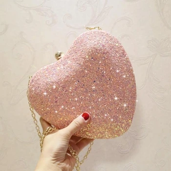 

Bling Heart Shaped Messenger Pu Leather Women C Bag Girl Bling Tote Crossbody Fashion Mini Bag With Gold Chain(Pink)