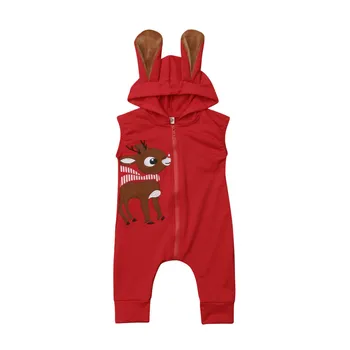 

Xmas Lovely Casual Infant Kids Boys Girls Romper Cartoon Animal Print Hooded 3D Ear Zipper Jumpsuits Red Romper