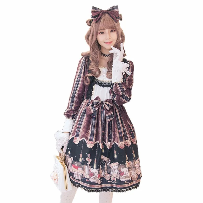 

Womens Steampunk Classic Long Sleeve Bowknots Sweet Lolita Dress Girls Printed JSK Vintage Lace Halloween Fancy OP Dress