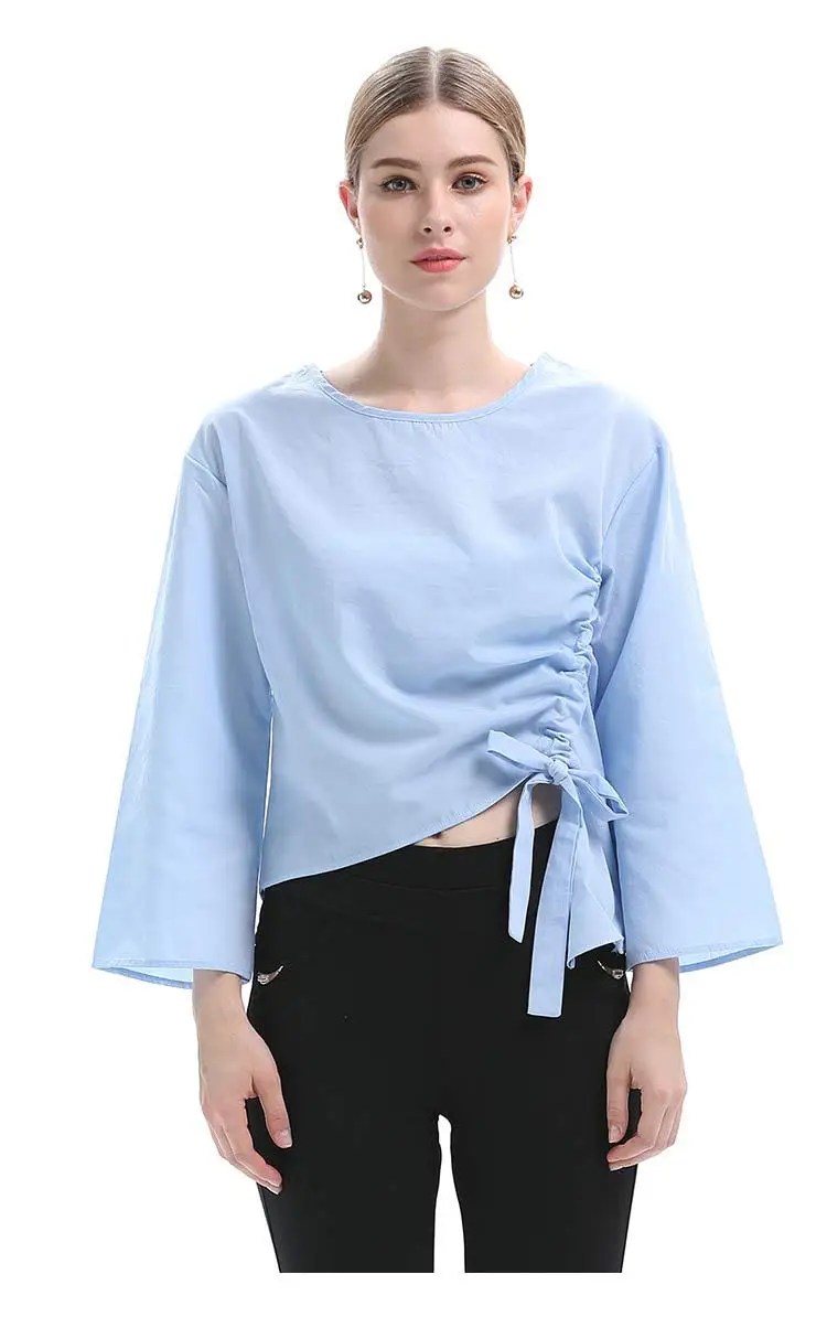 

National Trend Chinese Style 2019 Summer New Design Light Blue Long Sleeve Tops For Women Irregular Bow Patchwork T Shirt Female