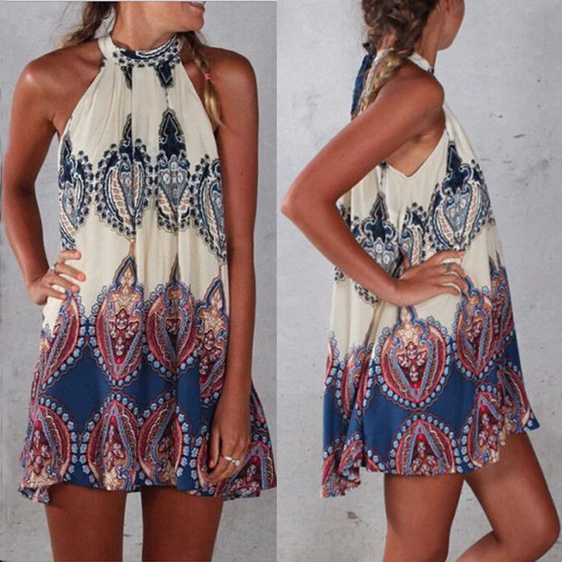 

2019 new summer retro lady color bohemian long comfortable breathable sleeveless dress