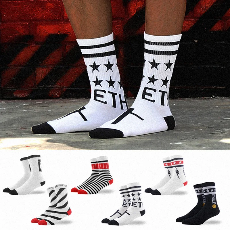 

Men Socks Funny Letter Stripes Stars Stitching Harajuku Skate Hip Hop Street Style Casual Fashion Dress Cotton Socks Black White