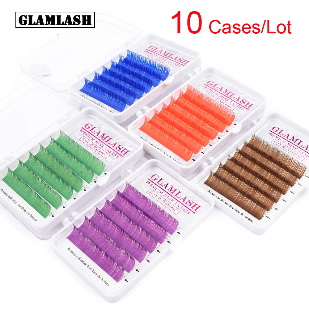 

GLAMLASH 10 Cases/Lot Purple Blue Brown Green Red Color Individual Silk Mink Eyelashes Extension faux mink false fake lashes