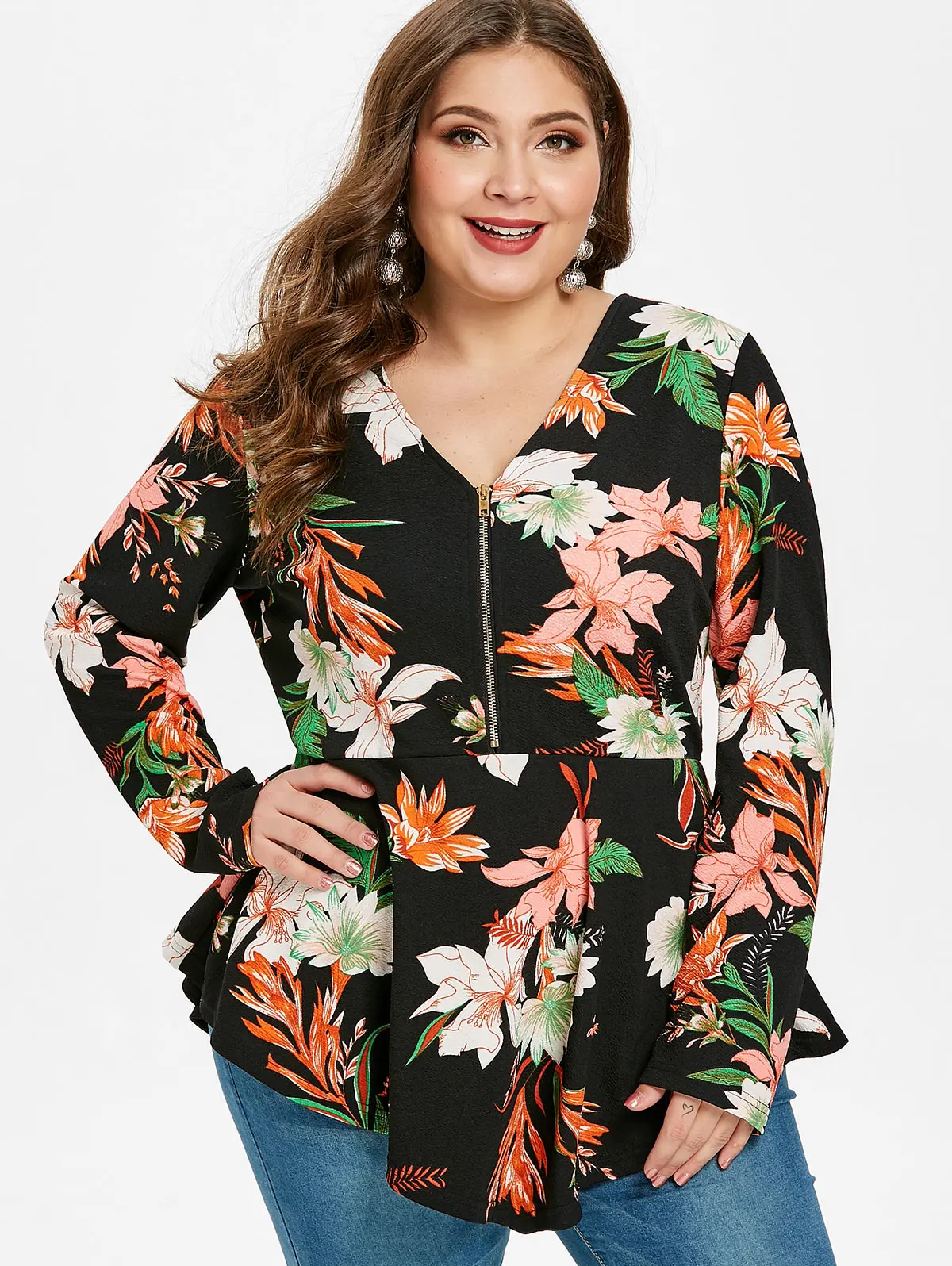 

Wipalo Women Spring Plus Size 5XL Long Sleeve Floral Print T-Shirt V Neck Zipper Detail High Waist Peplum Asymmetrical Tees Tops