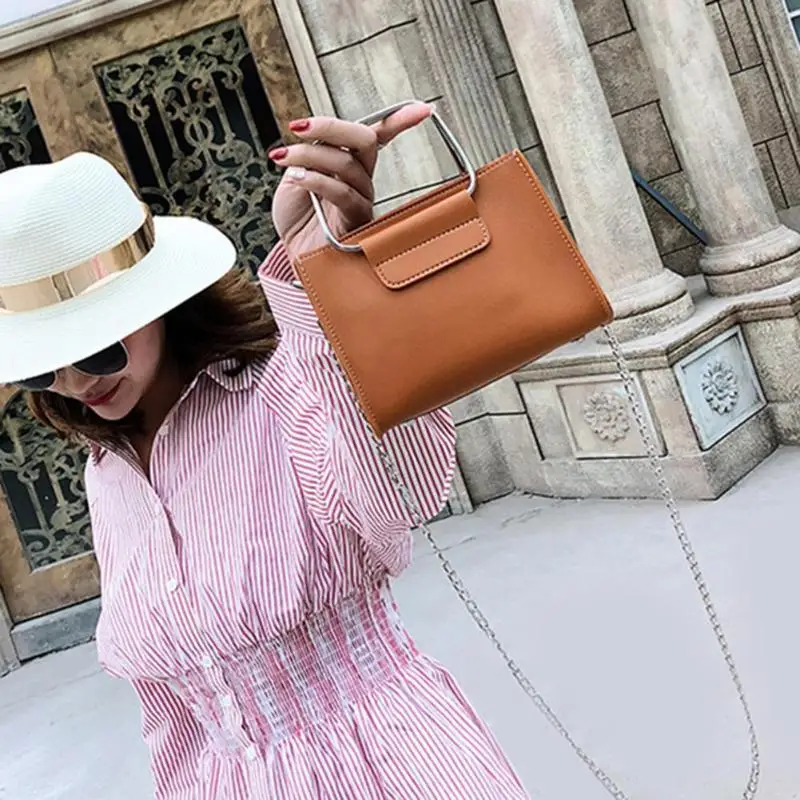 Women Simple Messenger Shoulder Handbags Casual PU Leather Crossbody Chain Bag Small Top-handle Bags