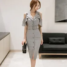 2019 Summer Office Lady Cold Shoulder Pencil Dress Women Grey Sashes Party Dress Single Breasted Bodycon Dress 2019 Summer Office Lady Cold Shoulder Pencil Dress Women Grey Sashes Party Dress Single Breasted Bodycon Dress