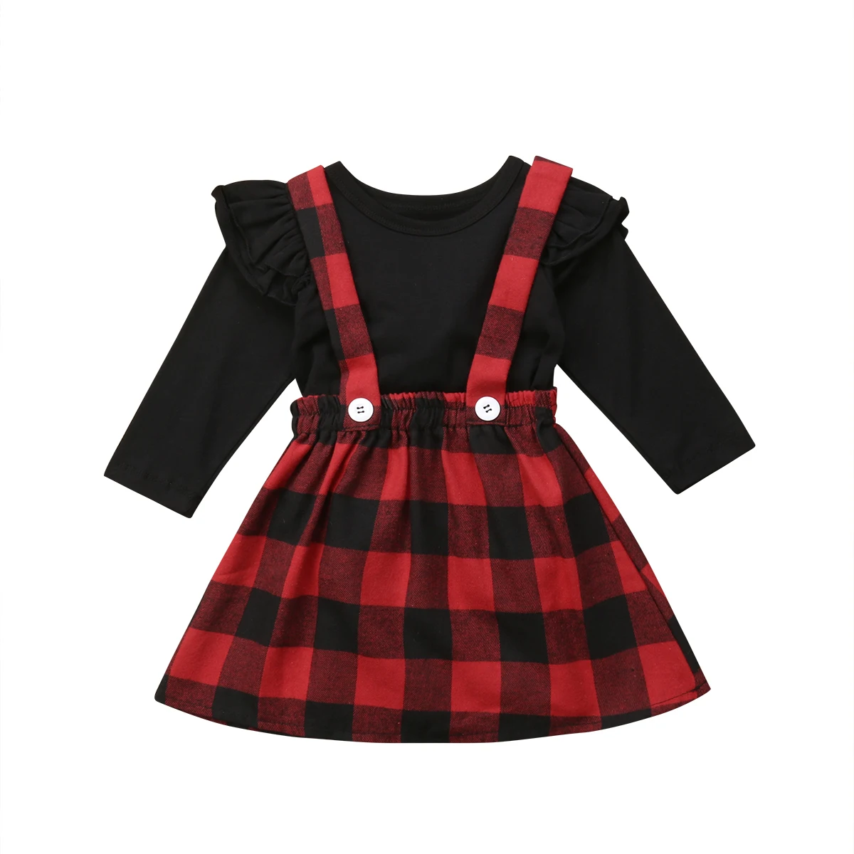 

Christmas Baby Girls Clothes Princess Outfits Black Winter T-shirt+Overall strap Red Plaid Skirt Autumn Set