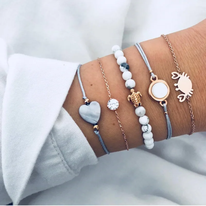 

Fashion Natrual Stone Beaded Bracelets Set 5PCS Love Heart Crab Turtle Charm Bracelts & Bangles For Women Vintage Accessories