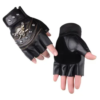 

Pu Half Finger Glove Man Mountaineering Handsome Tactic Pirate Human Skeleton Head Personality Rivet Security Thin