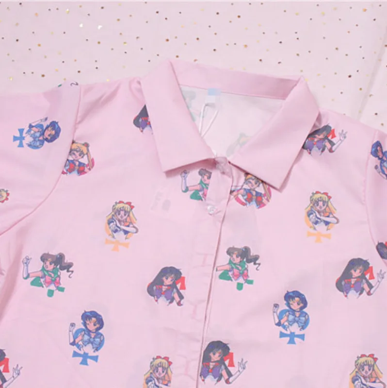 Японская розовая блузка для девочек в стиле Харадзюку, аниме, Сейлор Мун, с принтом, короткий рукав, свободные рубашки, женская одежда, милые топы в стиле каваи