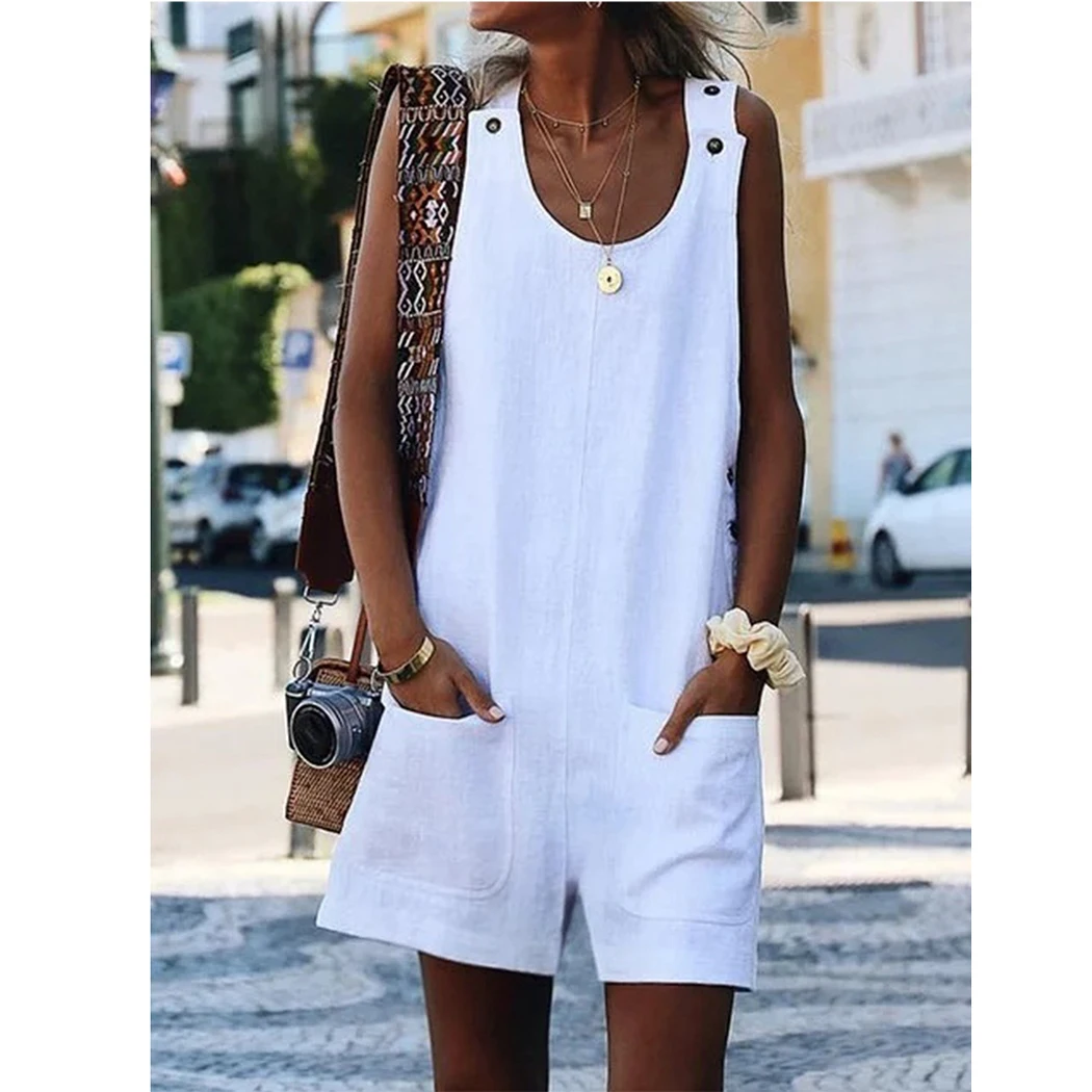

Women Cotton Linen Playsuit Short Jumpsuit Summer Strap Button Pocket Bib Overalls Bodysuit Plus Size 5XL Girls Playsuits Romper