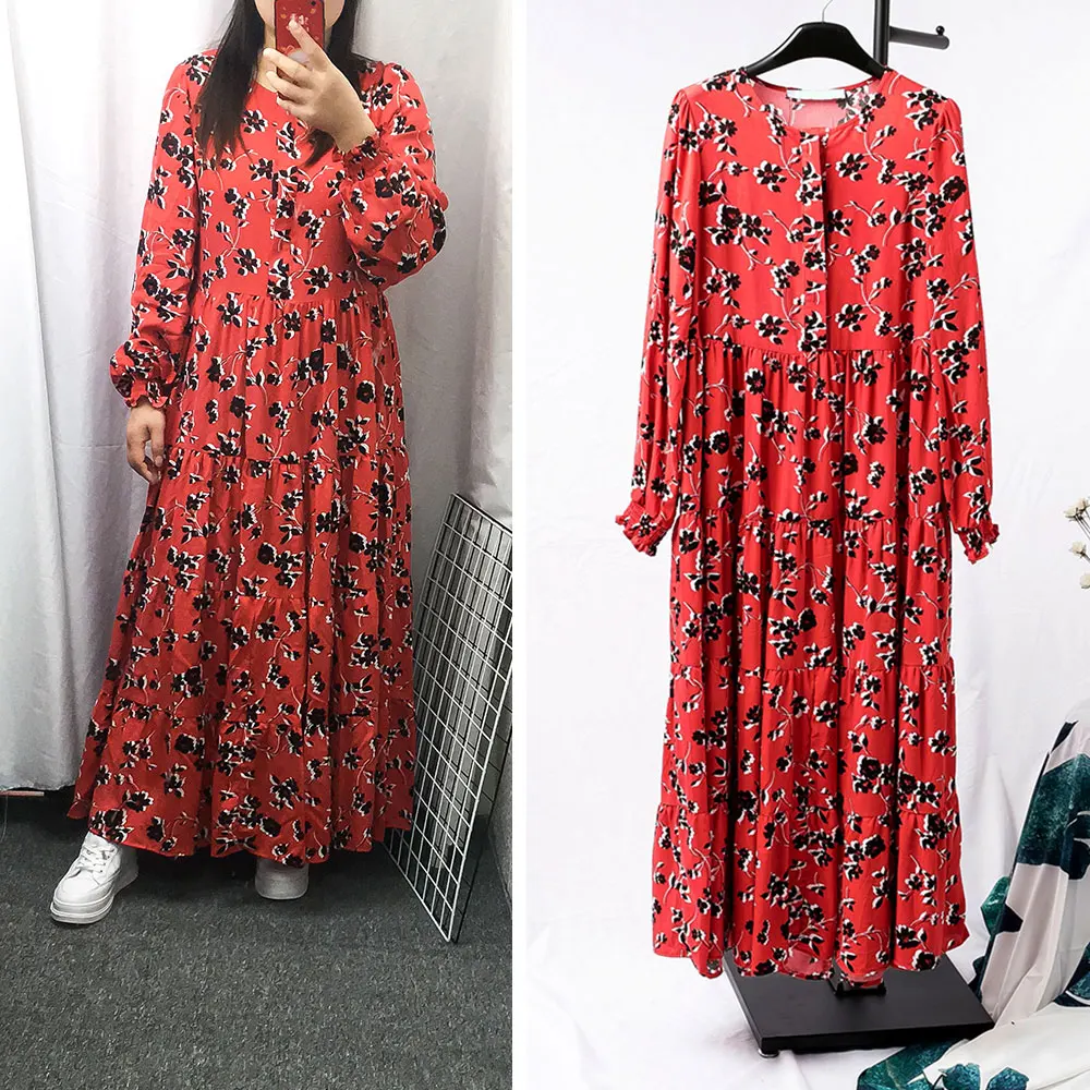 

Spring 2019 Flower Print Red Dress Women Elegant Ankle Length Vestidos For Woman New Sale O Neck Long Ruffles Womens Dresses