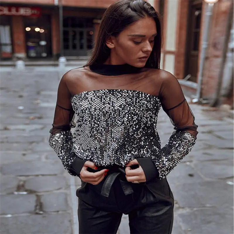 

Meihuida Fashion Newly Women Paillette See Through Crop T Shirts Sexy Long Sleeve Bottoming Shirt for Female Girls