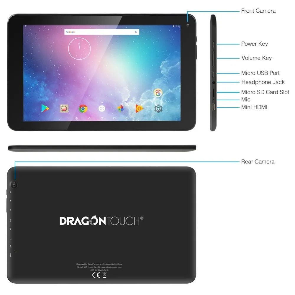 Dragon Touch V10 10 дюймов gps Android 7,0 Wifi Bluetooth планшет Nougat MTK четырехъядерный 1 ГБ ОЗУ 16 Гб памяти, 800x1280 ips дисплей