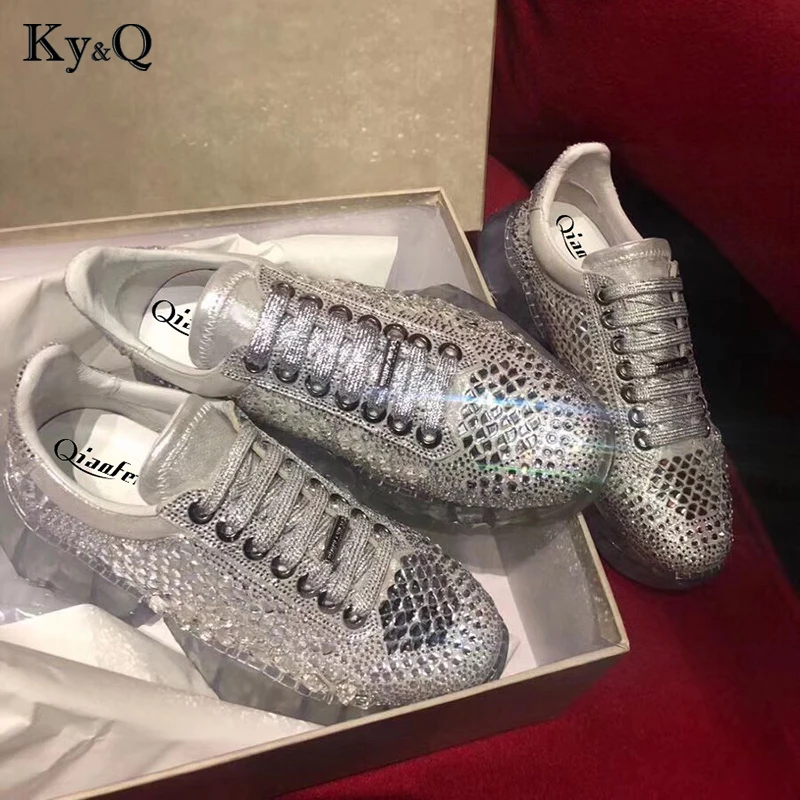 

2019 Casual Crystal Shoe Women zapato de mujer White Platform Sneaker Bling chaussures femme Rhinestone Real Leather