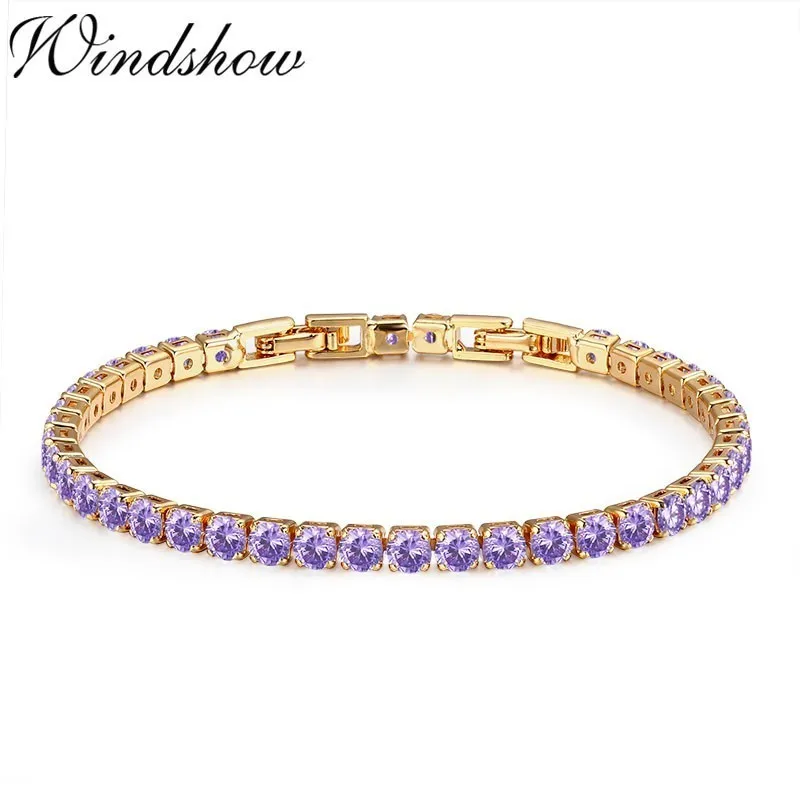 

4mm Round Purple CZ Tennis Chain Gold Color Bracelet For Women Girls Brass Wedding Jewelry Braceletes Pulseras Bracciali Donna