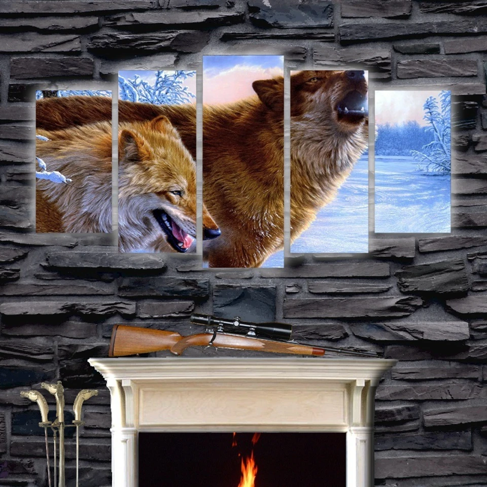 

Canvas Wall Art Pictures Modern Framework Living Room 5 Pieces Forest Animal Wolves Snowfield Landscape Decor HD Printed Posters