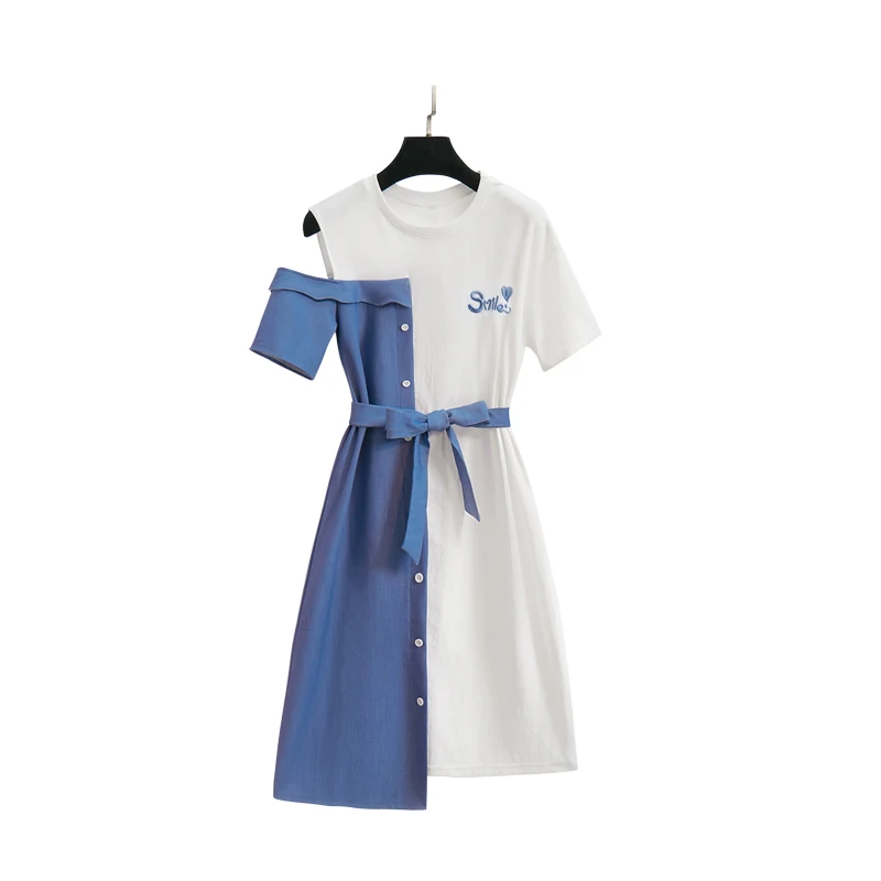 

Strapless dress summer women casual dresses white blue patchwork belt O neck vestidos girl outfit gentle fairy dress clothes