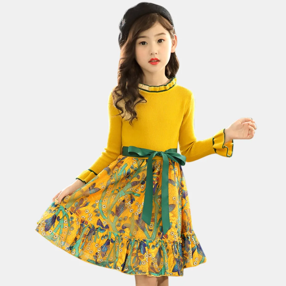

Girls Knitted Dress Spring Autumn Girls Dress Floral Pattern Girls Party Dress Kids Teenage Clothes For Girls 6 8 10 12 14 Years