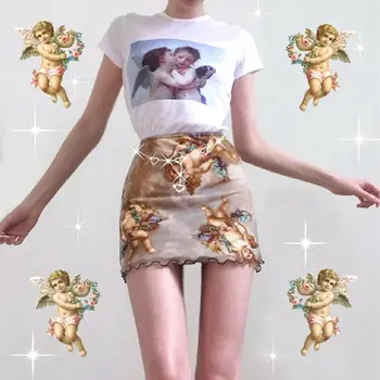 

Women Mini Pencil Skirts Lady Sexy Cartoon Angel Printed Stretch Short Skirts High Waist Party Bodycon Package Hip Vintage Skirt