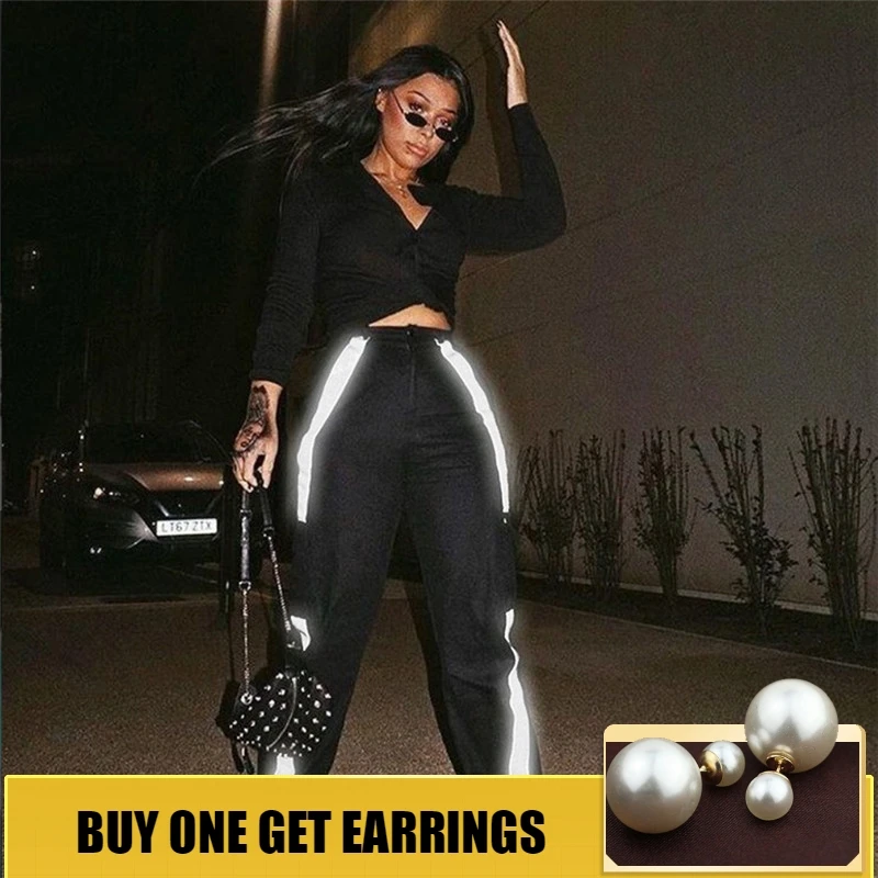 

HOUZHOU New Arrive Reflective Stripe Patchwork Pants Women High Waist Harem Trousers Streetwear Full Length Sweatpants Jogger