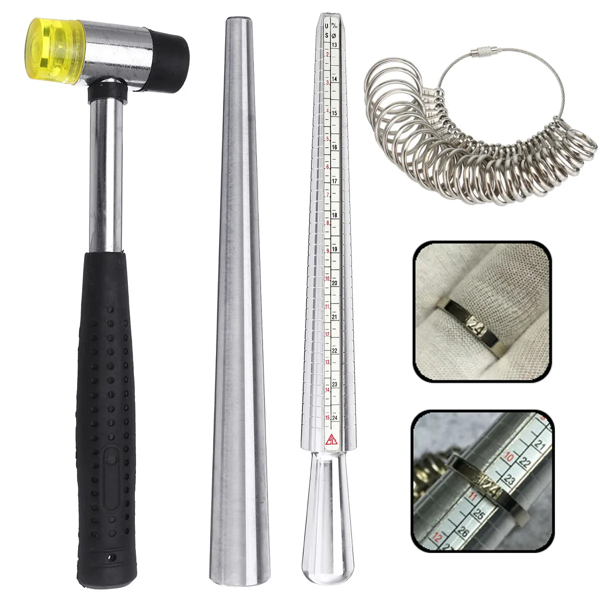 

4Pcs/Set Metal Ring Sizer Mandrel Stick Finger Gauge Measure Hammer Jewelry Sizing Measuring Tools DIY Jewelry Making Tools Kit
