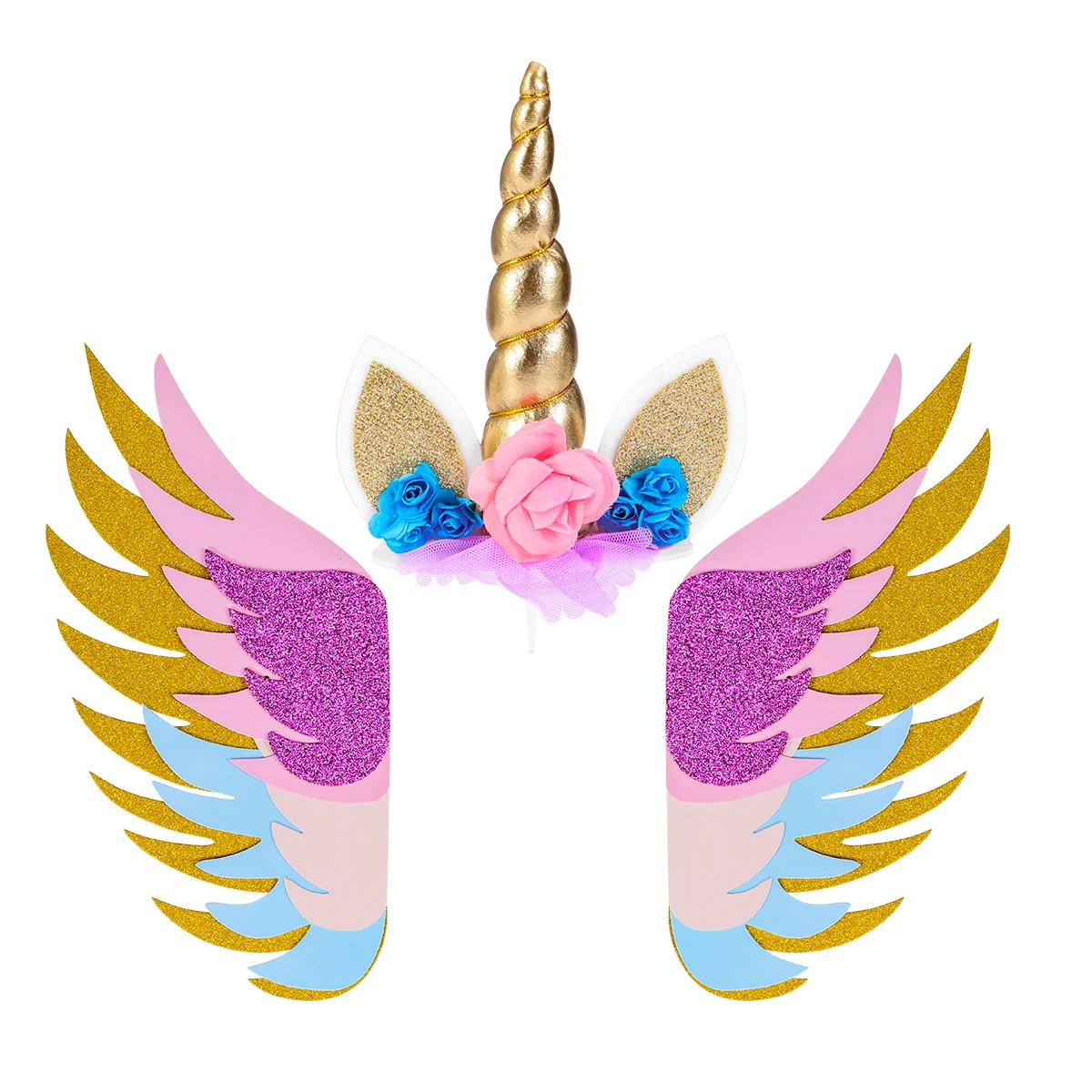 

3PCS Glitter Paper Cake Insertion Unicorn Wings Card Cake Cupcake Toppers Decoration (Unicorn Topper + 1 Pair Of Wings)