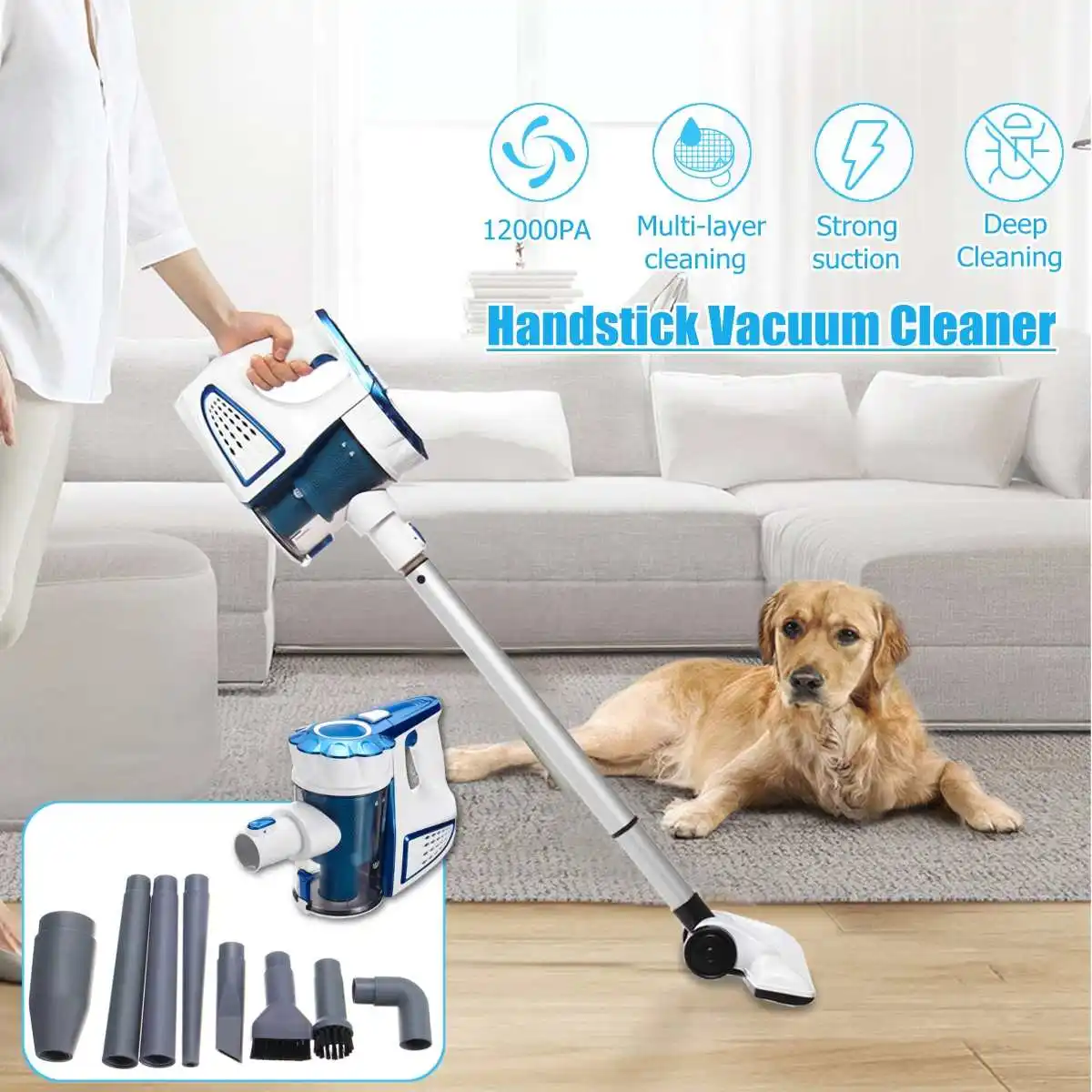 

12000PA Suction 700W Baggless Vacuum Cleaner Handheld Cordless Upright Vacuum Cleaner with 9pcs Brushes Cleaner Cleaning Tool