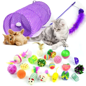 

20pcs/set Folding Pet Play Toys Tunnel Tubes Collapsible Feather Tease Cat Sticks Balls Kitten Mint Toys for Small Pets Rabbits