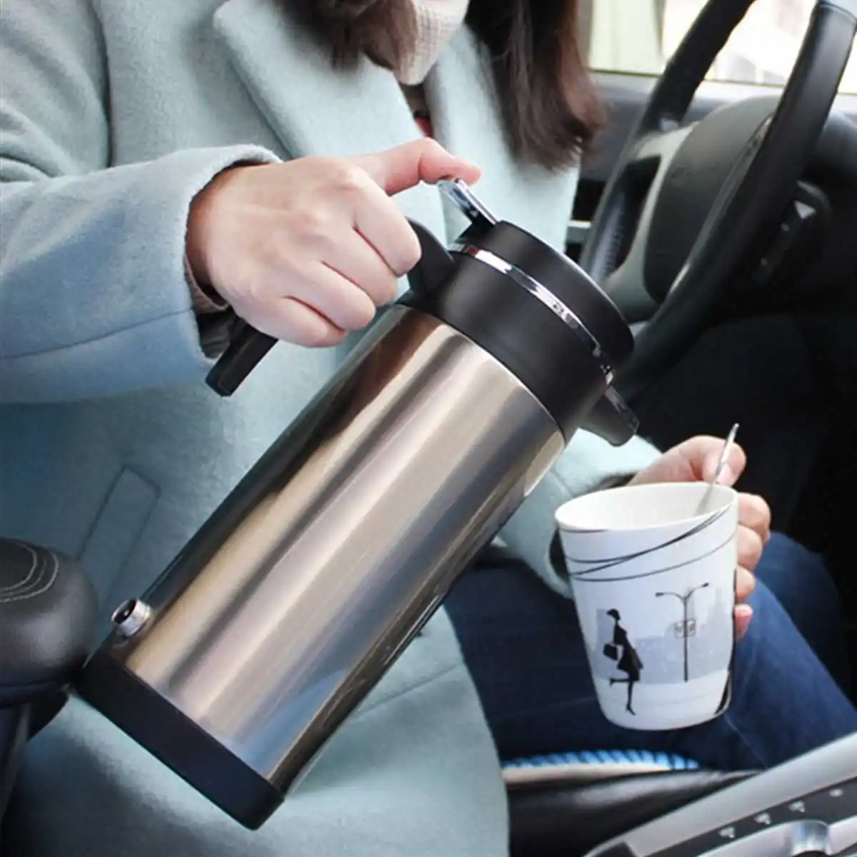 Comprar 1200ml 12V adaptador de coche de acero inoxidable taza eléctrica caliente botella de agua café calentador tetera No tóxico a prueba de derrames bloqueo labial