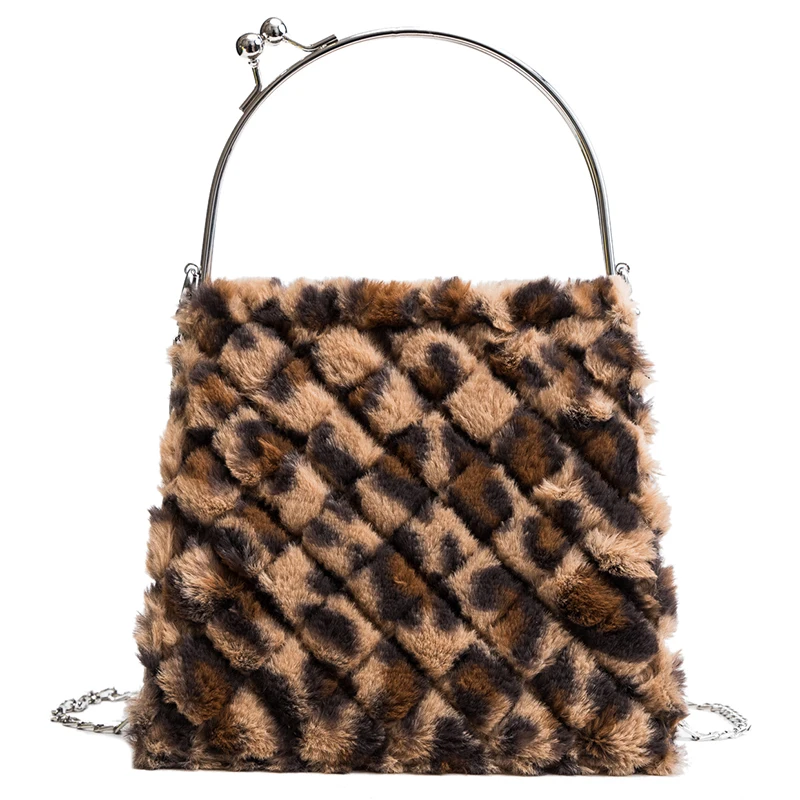 Faux Fur Leopard Rhombic Design Fashion Women's Chain Bag Handbag ...