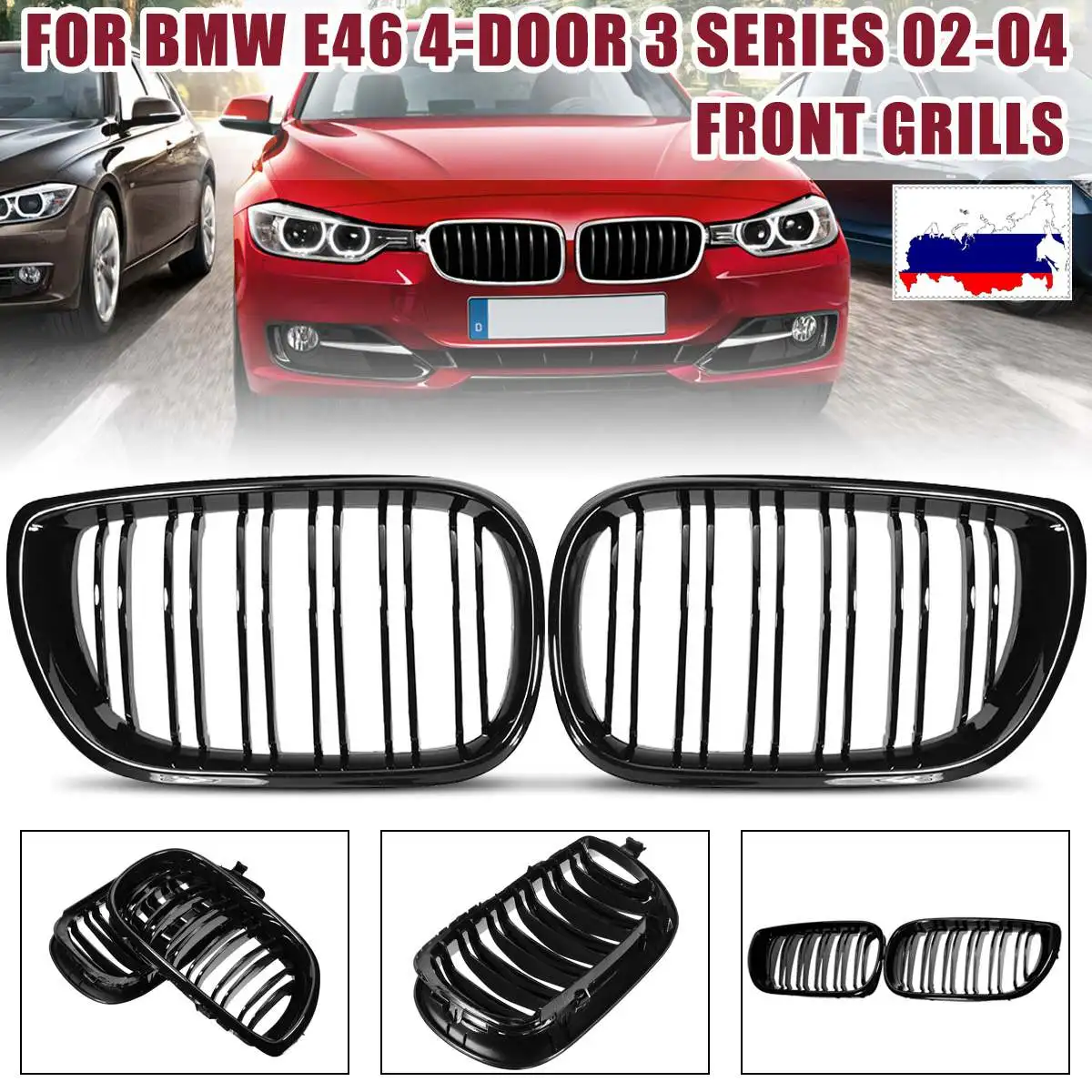 

Pair Gloss Black M-color Car Front Kidney Grille Grill For BMW E46 Saloon 4 Doors 3 Series 2002 2003 2004 2005
