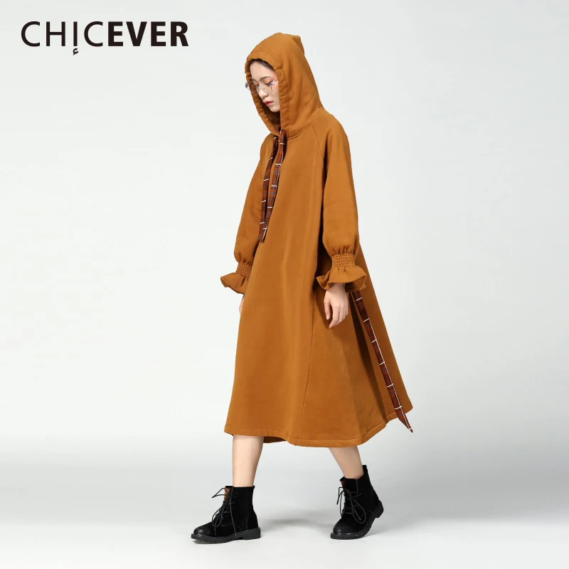 CHICEVER зимнее толстое женское платье с капюшоном и Расклешенным рукавом свободные