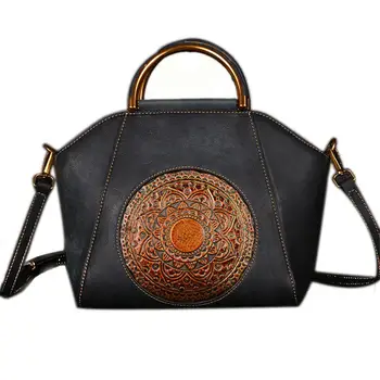 

2019 Vintage Women Shoulder Bag Female Genuine Leather Causal Totes High Quality Totem Black Handbag Classic Office Ladies Bags