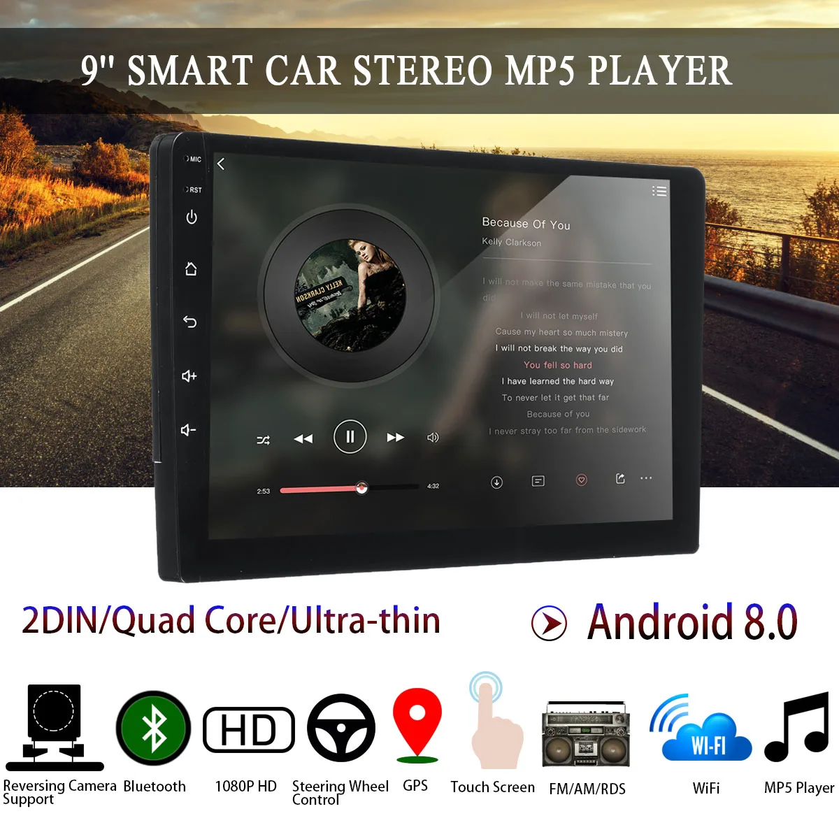 

Car Multimedia Player 9'' 1G+16G Car Stereo 2 DIN for Android 8 bluetooth WIFI GPS Nav Quad Core Radio Video MP5 Player