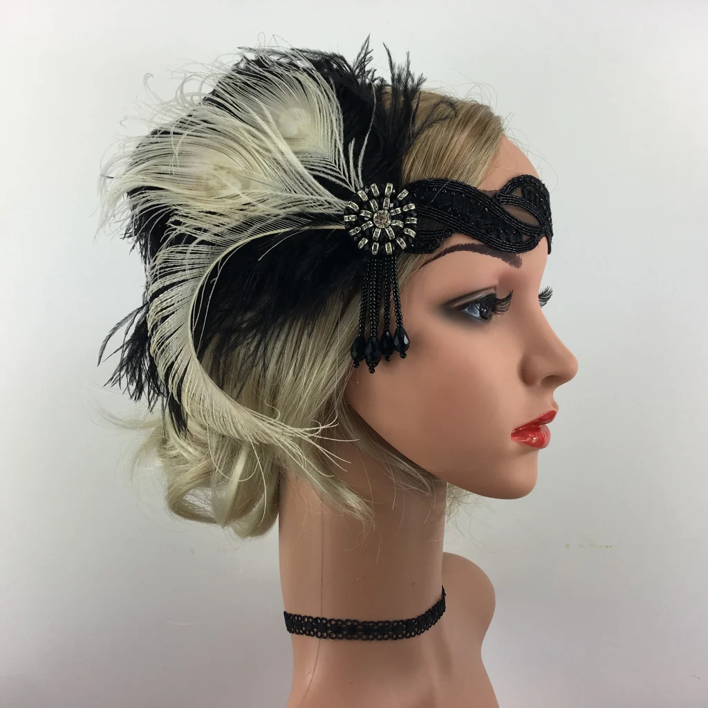 Женский головной убор в стиле ретро, 1920 s, черный, бежевый, перо, Хлопушка, повязка на голову, отличный Гэтсби, модный аксессуар для волос