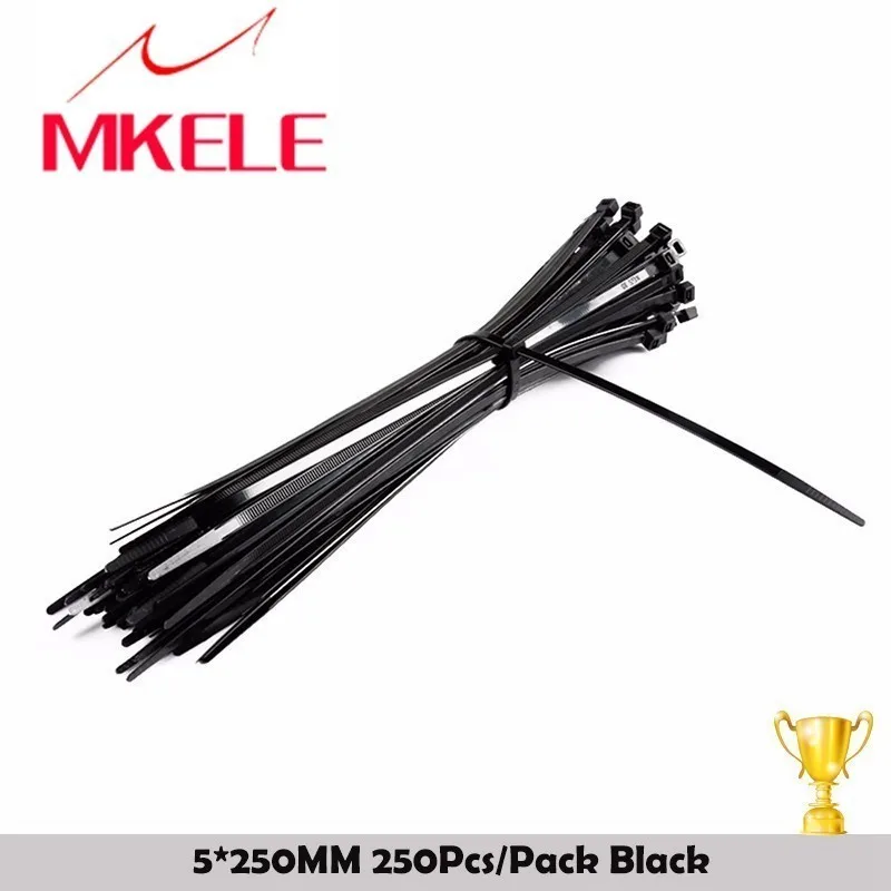 

High Quality 5*250mm Self-Locking Nylon Cable Plastic Ties Strapping Straps 250Pcs/Pack Zip Loop For Wires Tidy Black